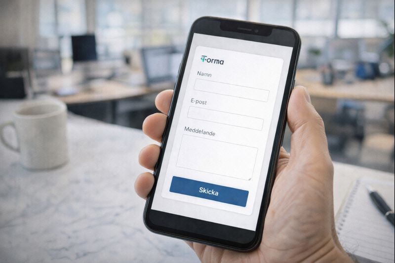 Företagare skickar offertförfrågan för vendingmaskin via smartphone