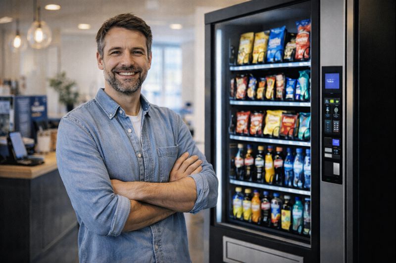 Stolt företagare vid sin nyinstallerade vendingmaskin på kontoret
