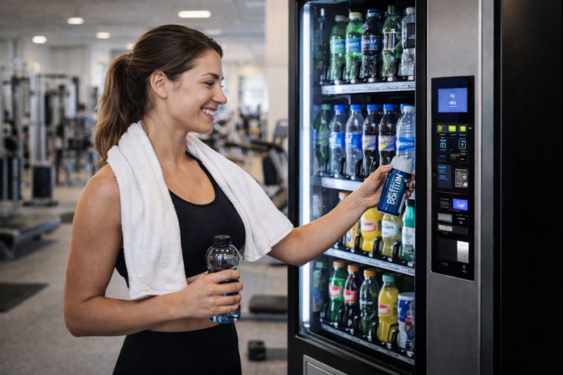Kvinna köper proteinshake från varuautomat på svenskt träningscenter