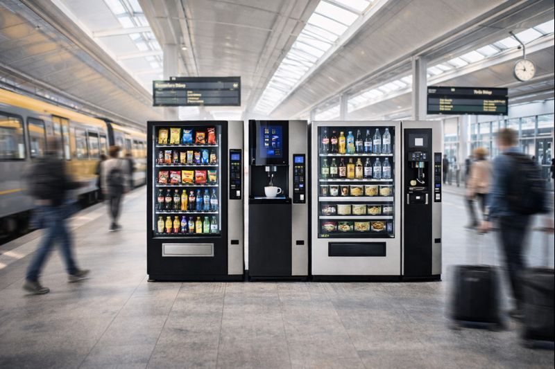 Resenärer vid moderna varuautomater i skandinavisk tågstation